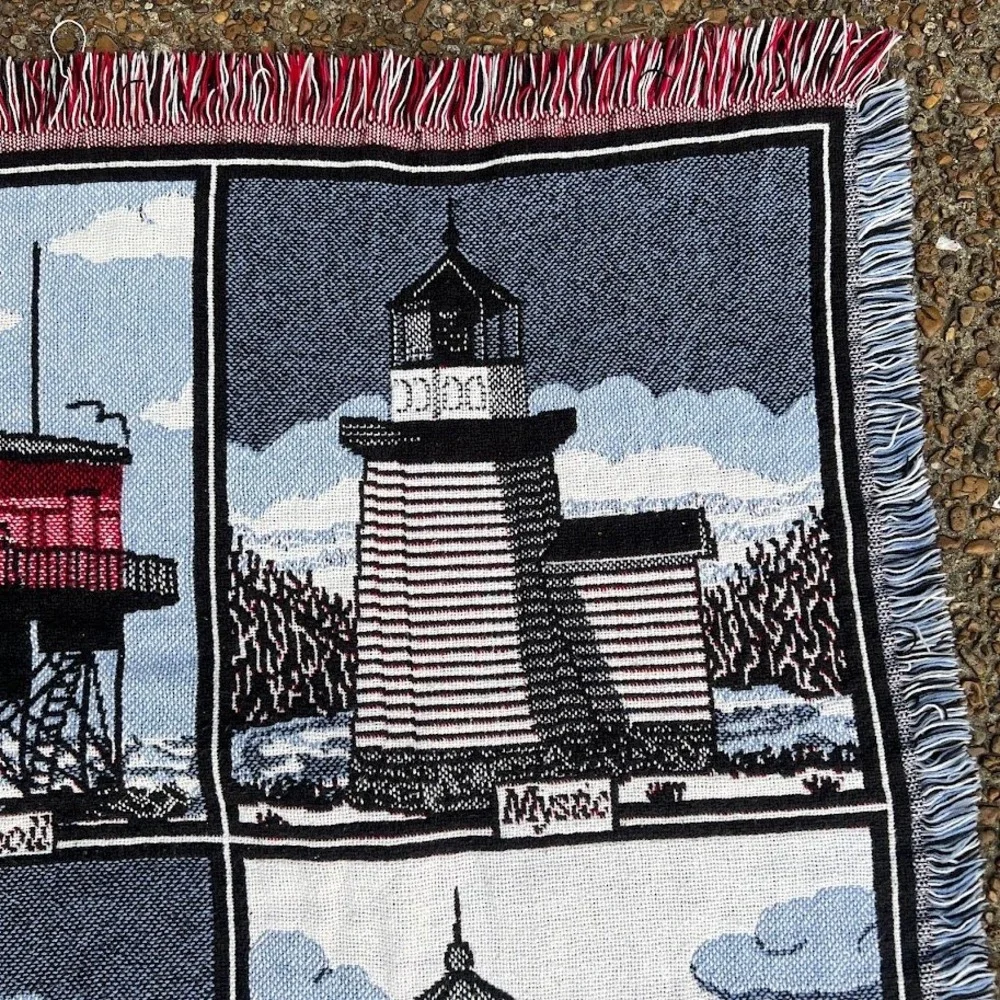 Crown Crafts Lighthouse Tapestry Blanket Woven Cotton Made in USA Nautical Throw